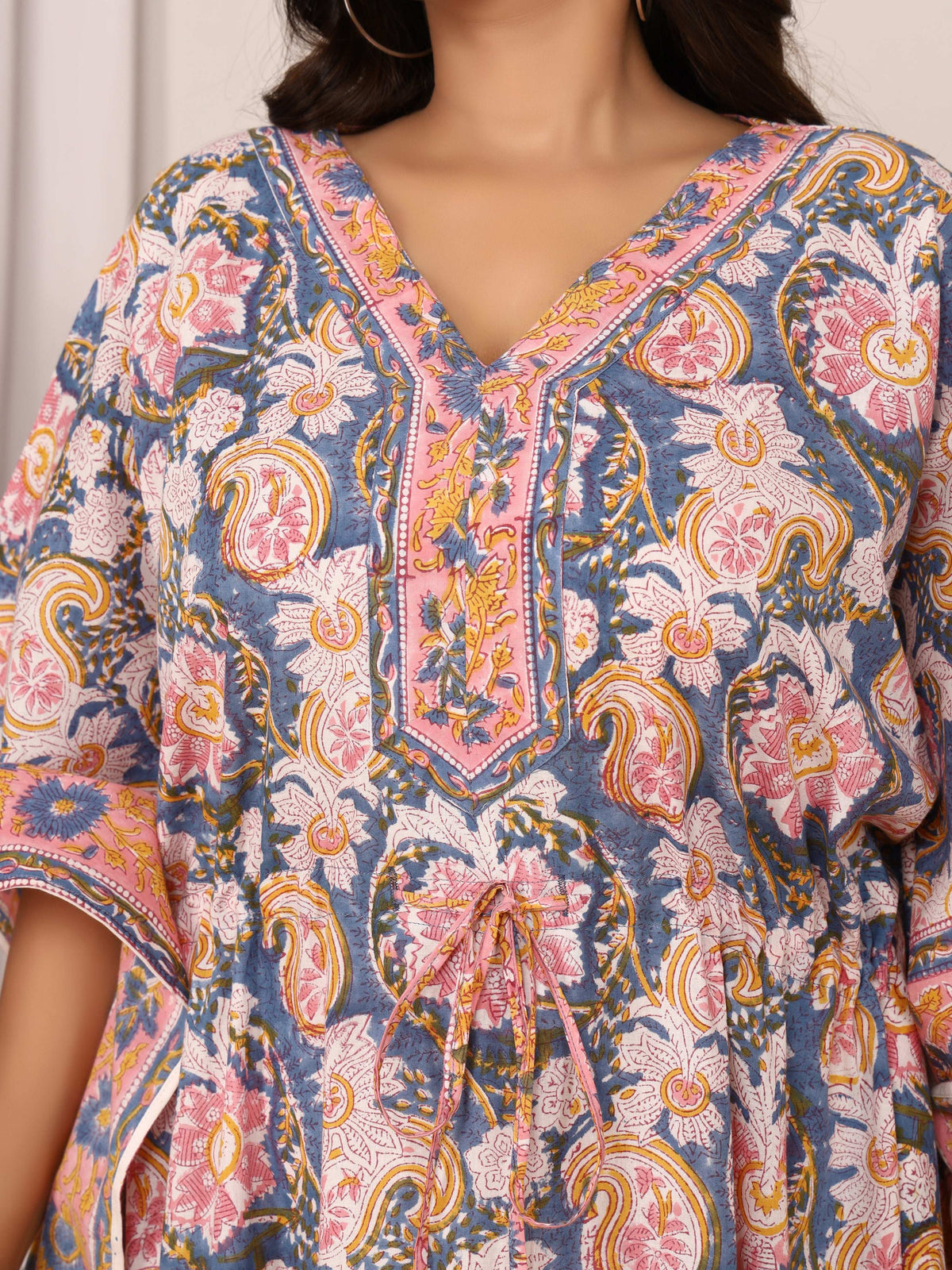 Sanganeri Floral Print Blue & Pink Cotton Kaftan