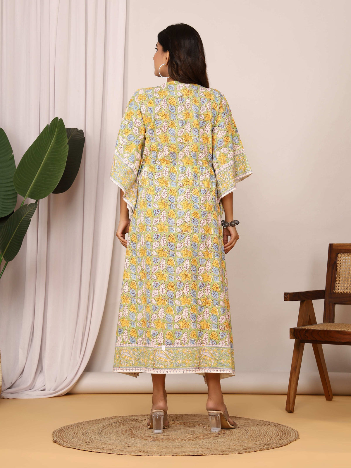 Sanganeri Print Green & Yellow Cotton Kaftan