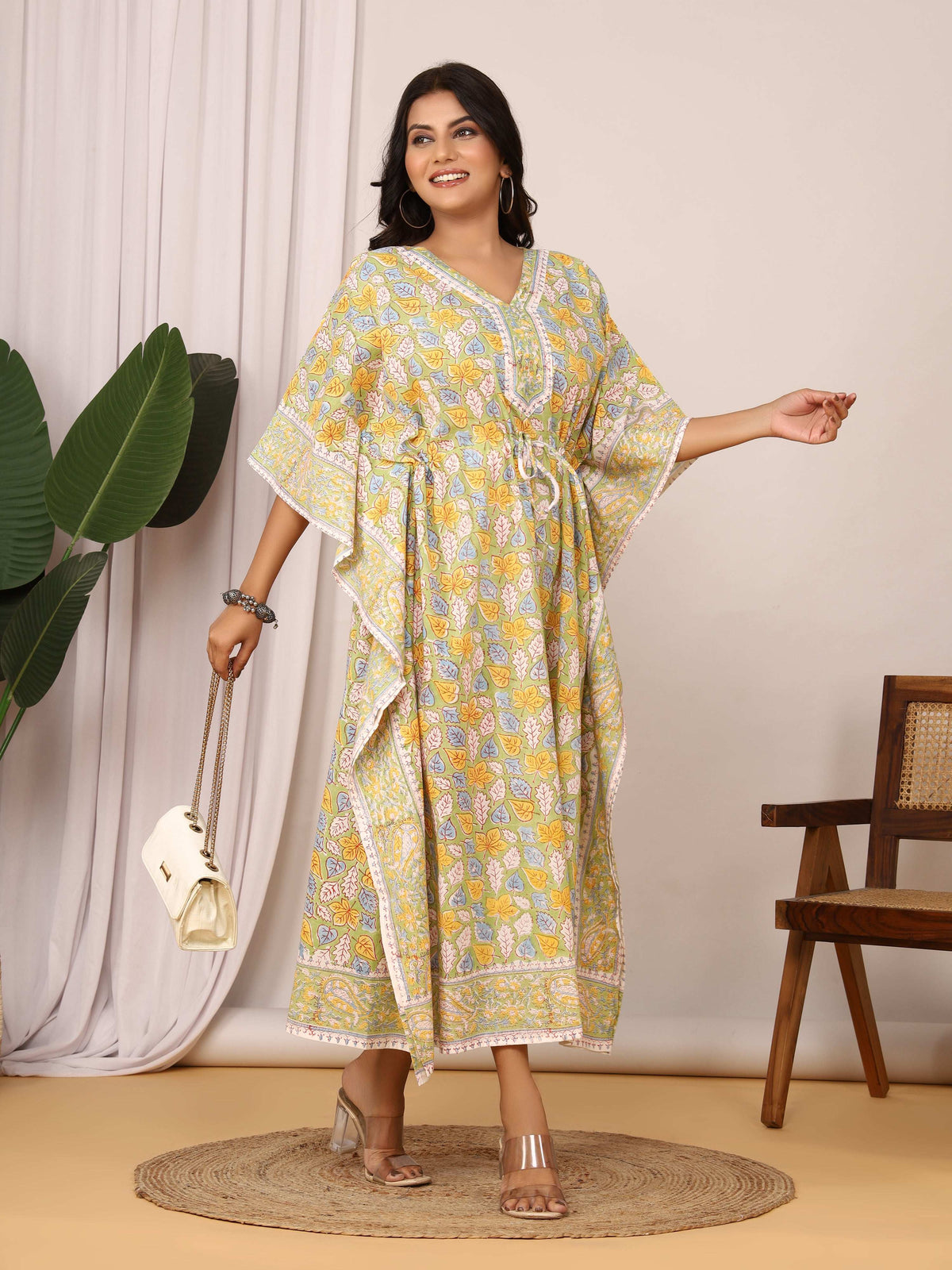 Sanganeri Print Green & Yellow Cotton Kaftan