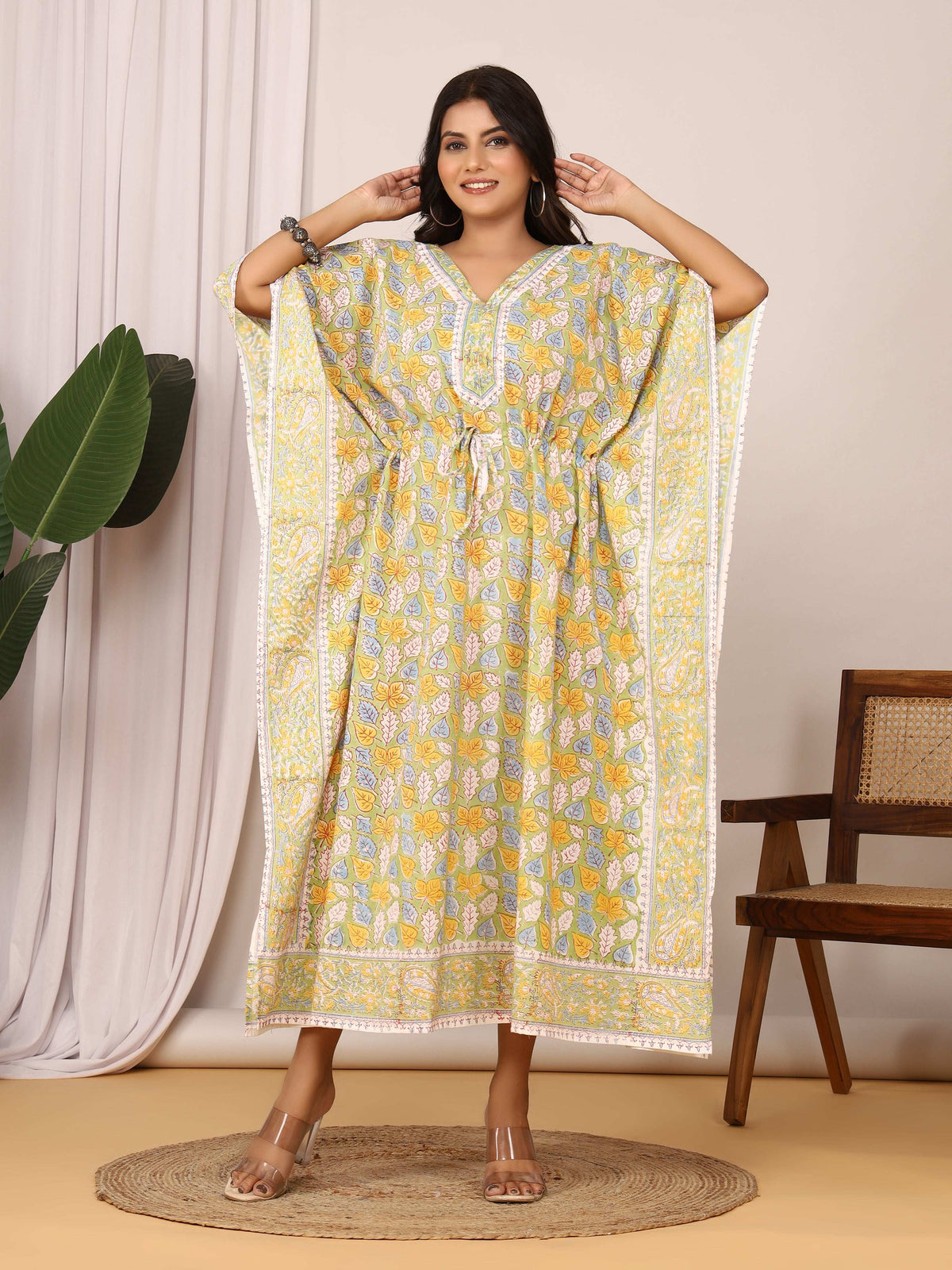 Sanganeri Print Green & Yellow Cotton Kaftan