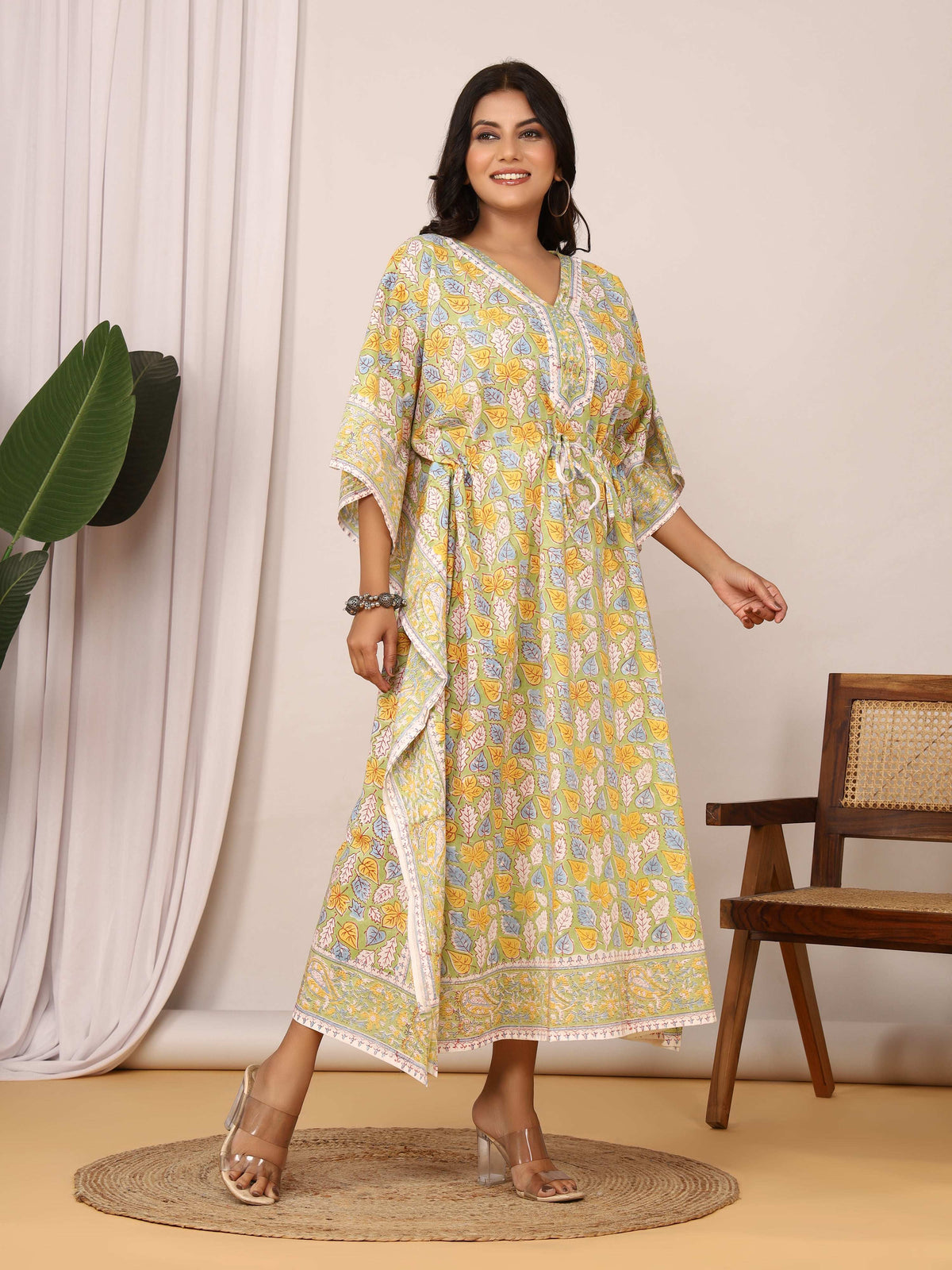 Sanganeri Print Green & Yellow Cotton Kaftan