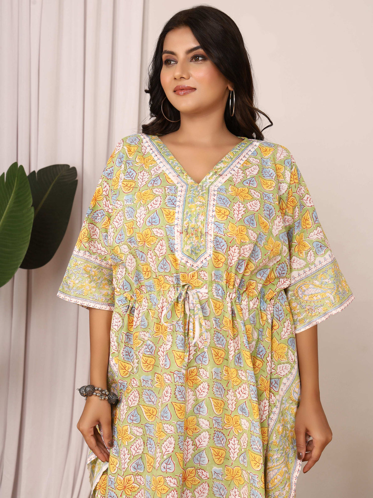 Sanganeri Print Green & Yellow Cotton Kaftan