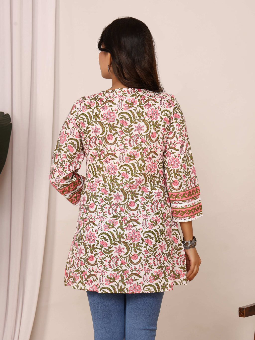 Sanganeri Pink & Green Floral Cotton Top