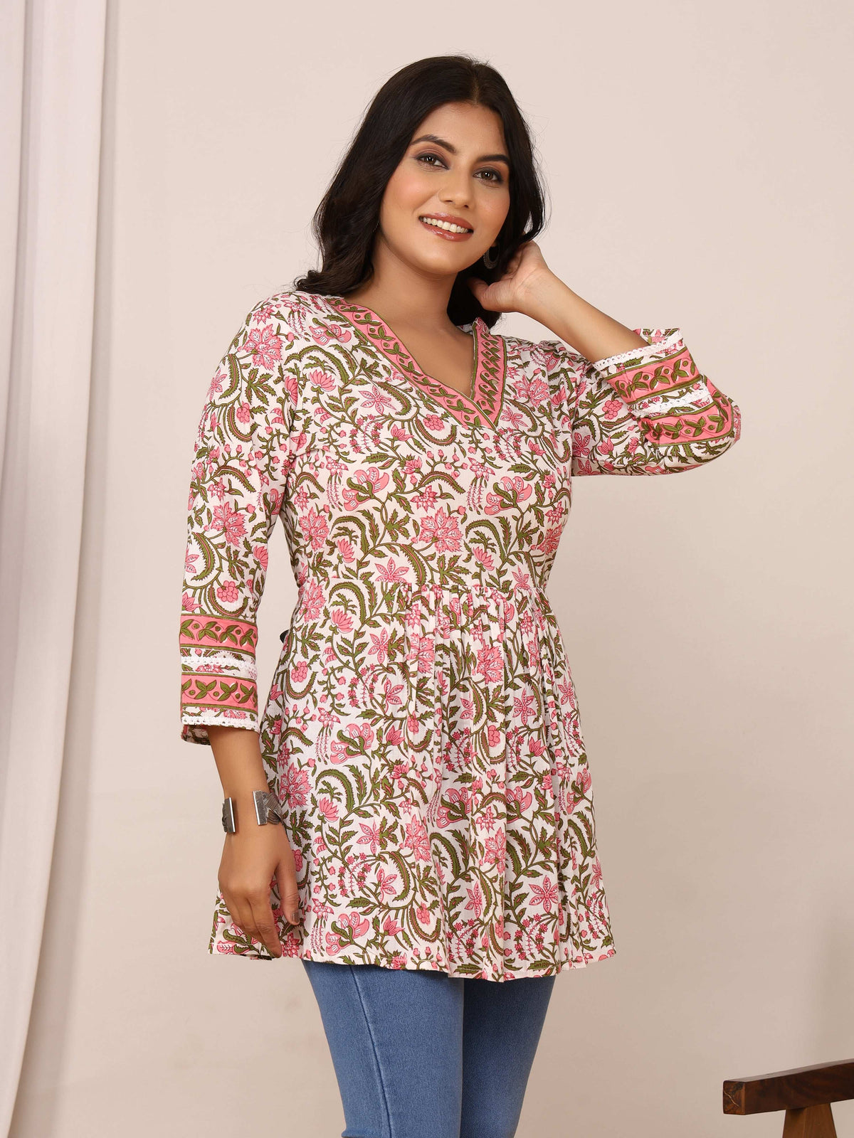 Sanganeri Pink & Green Floral Cotton Top