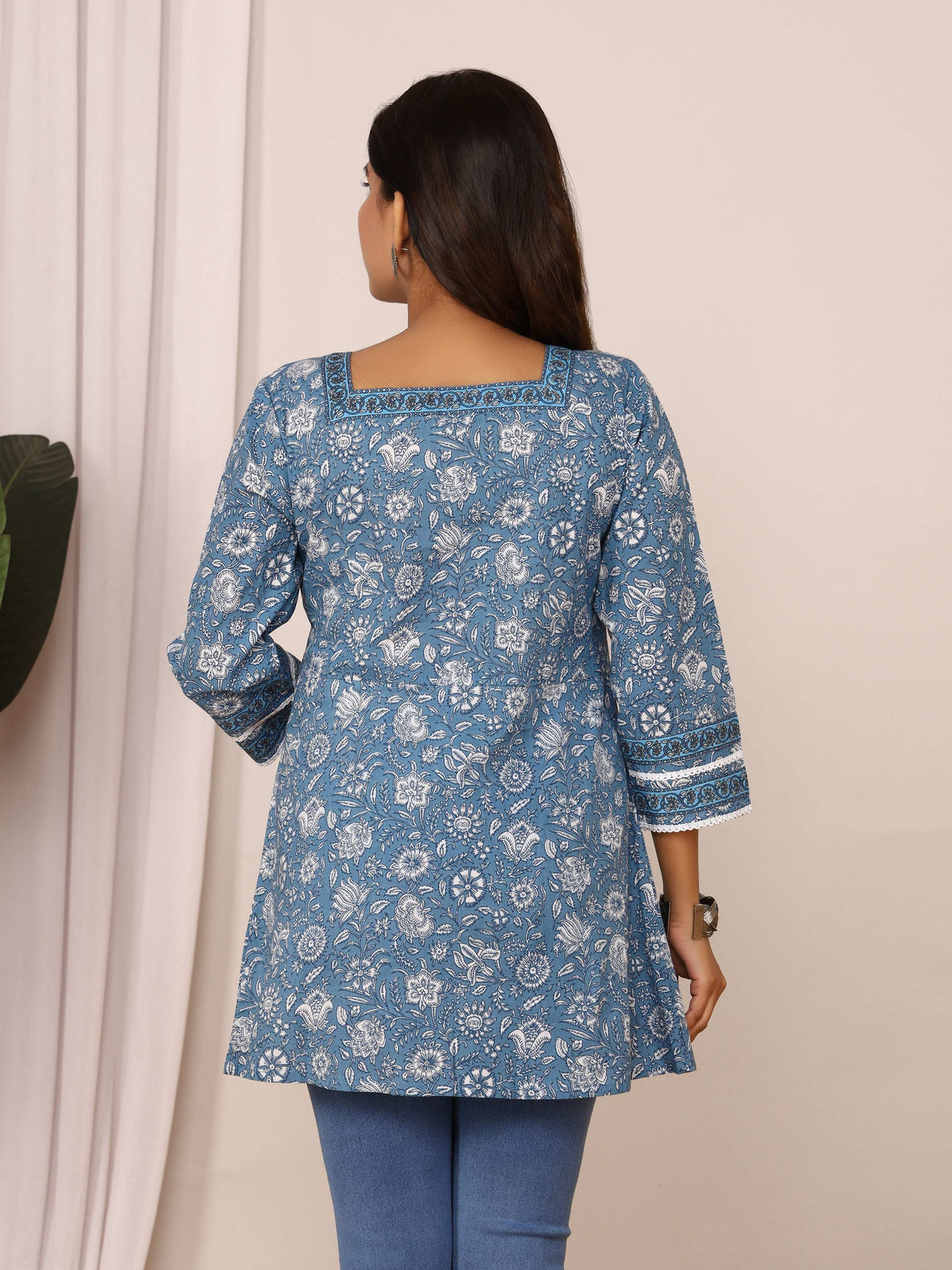 Sanganeri Blue & White Floral Cotton Top