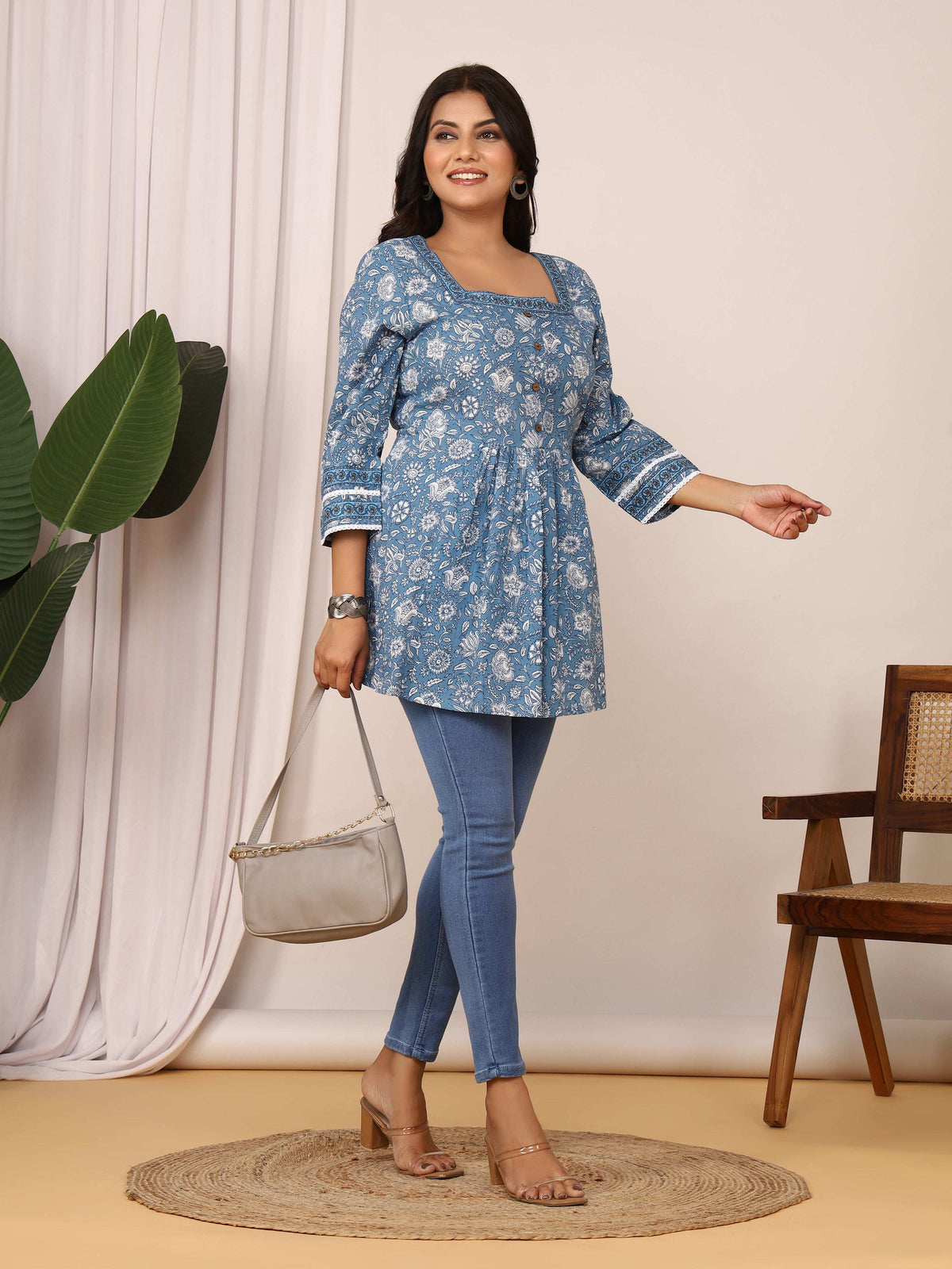 Sanganeri Blue & White Floral Cotton Top