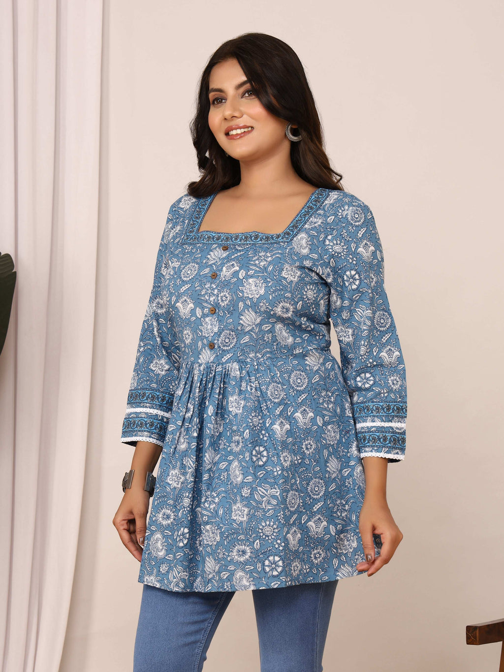 Sanganeri Blue & White Floral Cotton Top