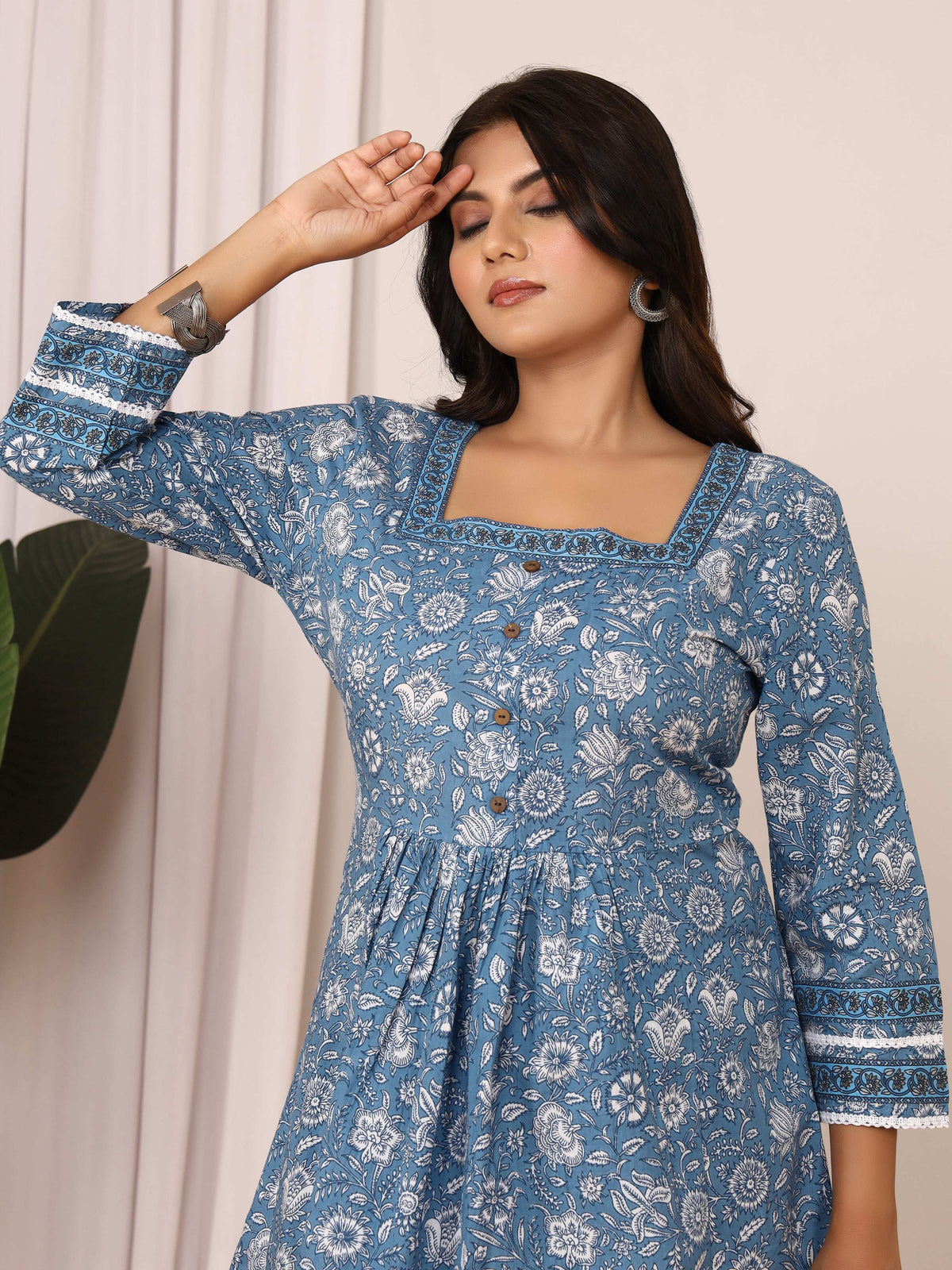 Sanganeri Blue & White Floral Cotton Top