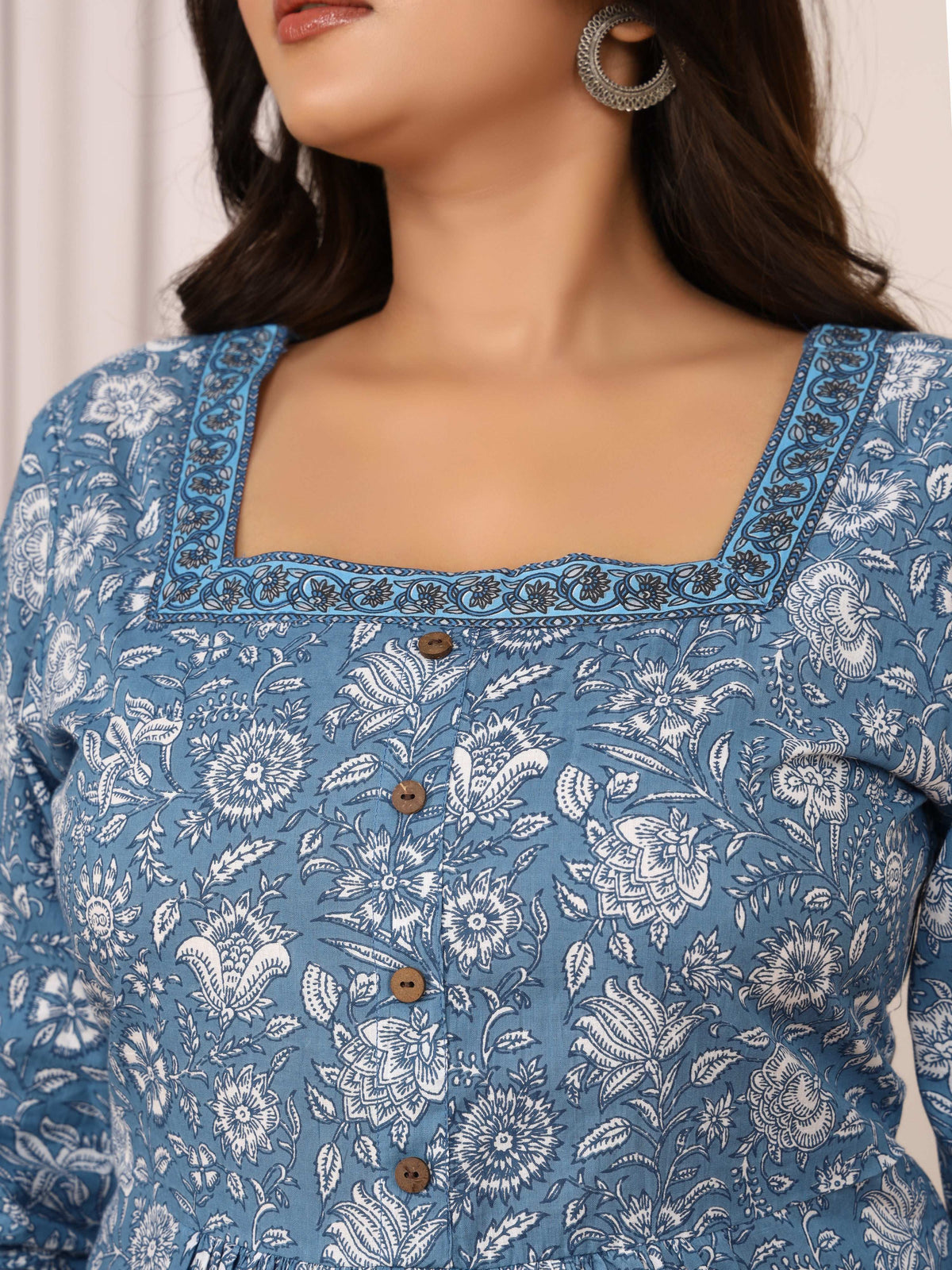 Sanganeri Blue & White Floral Cotton Top