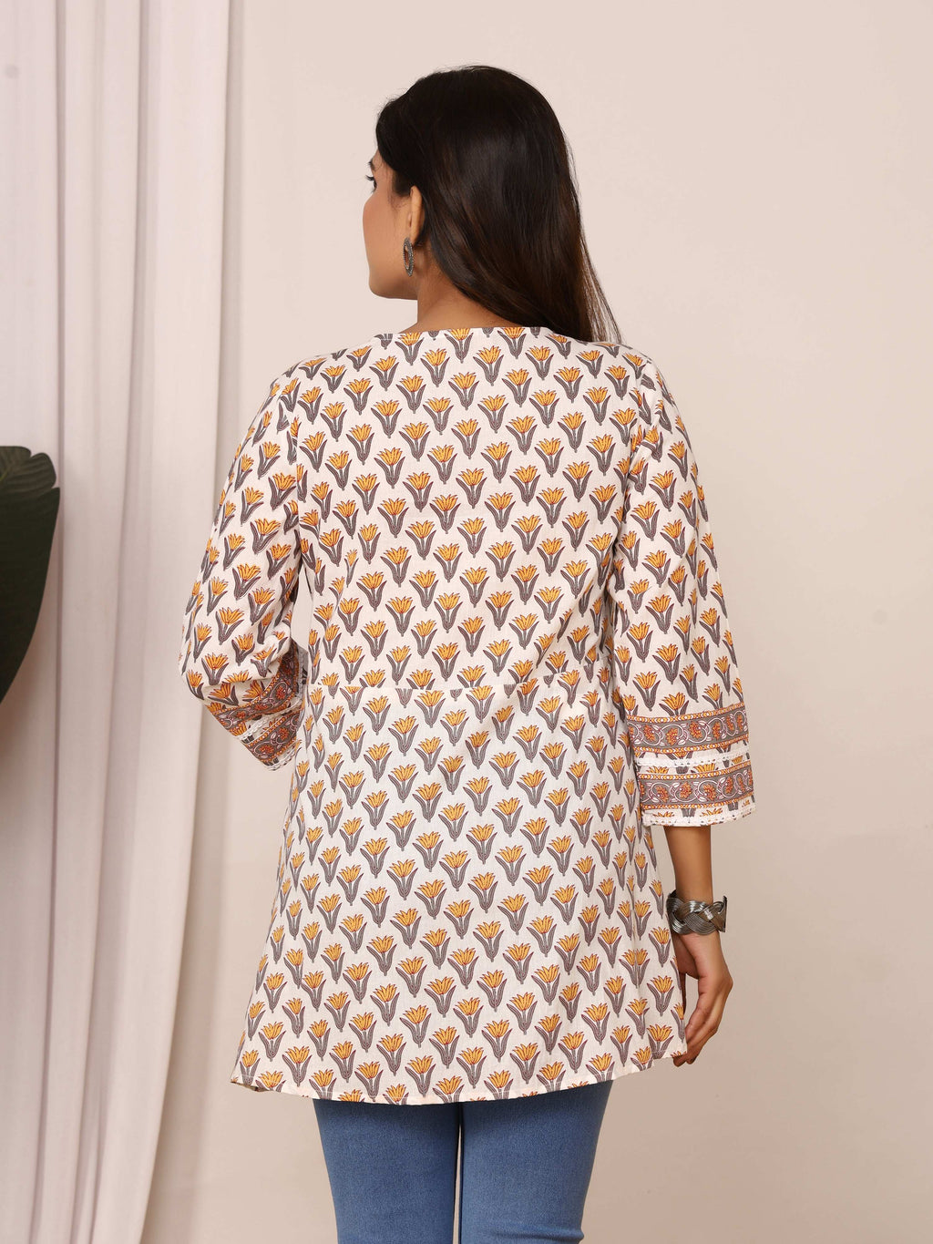 Sanganeri Ivory & Mustard Floral Cotton Top