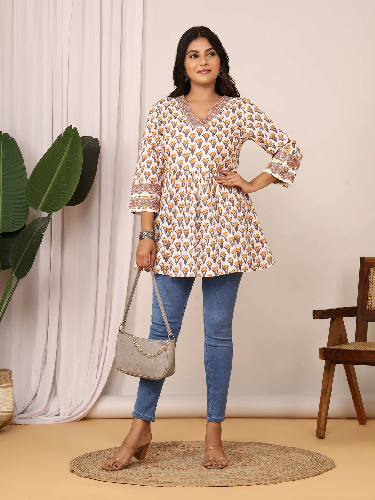 Sanganeri Ivory & Mustard Floral Cotton Top