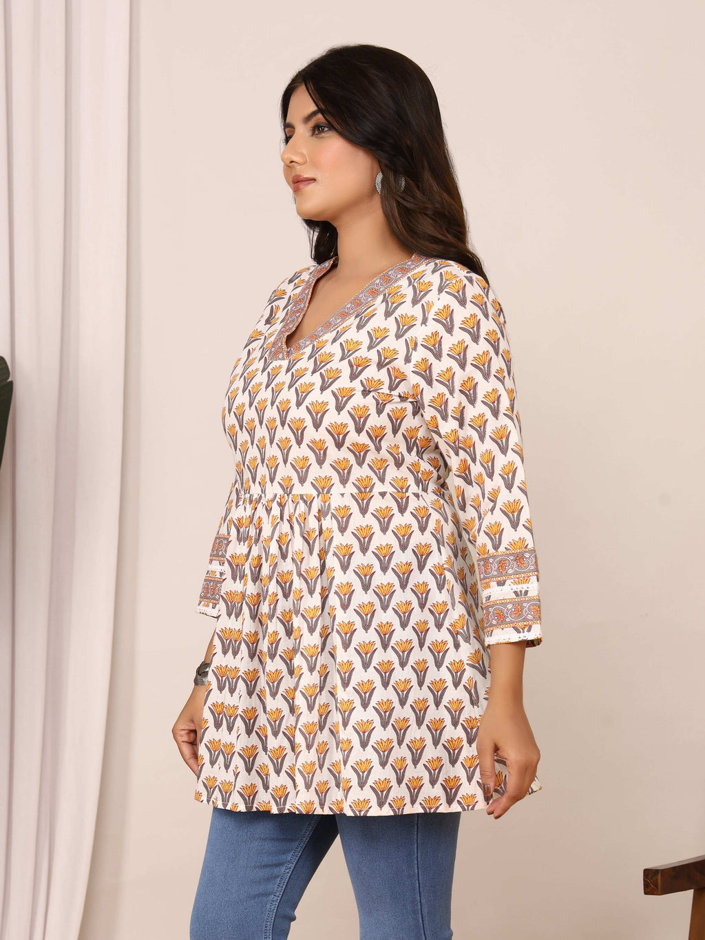 Sanganeri Ivory & Mustard Floral Cotton Top
