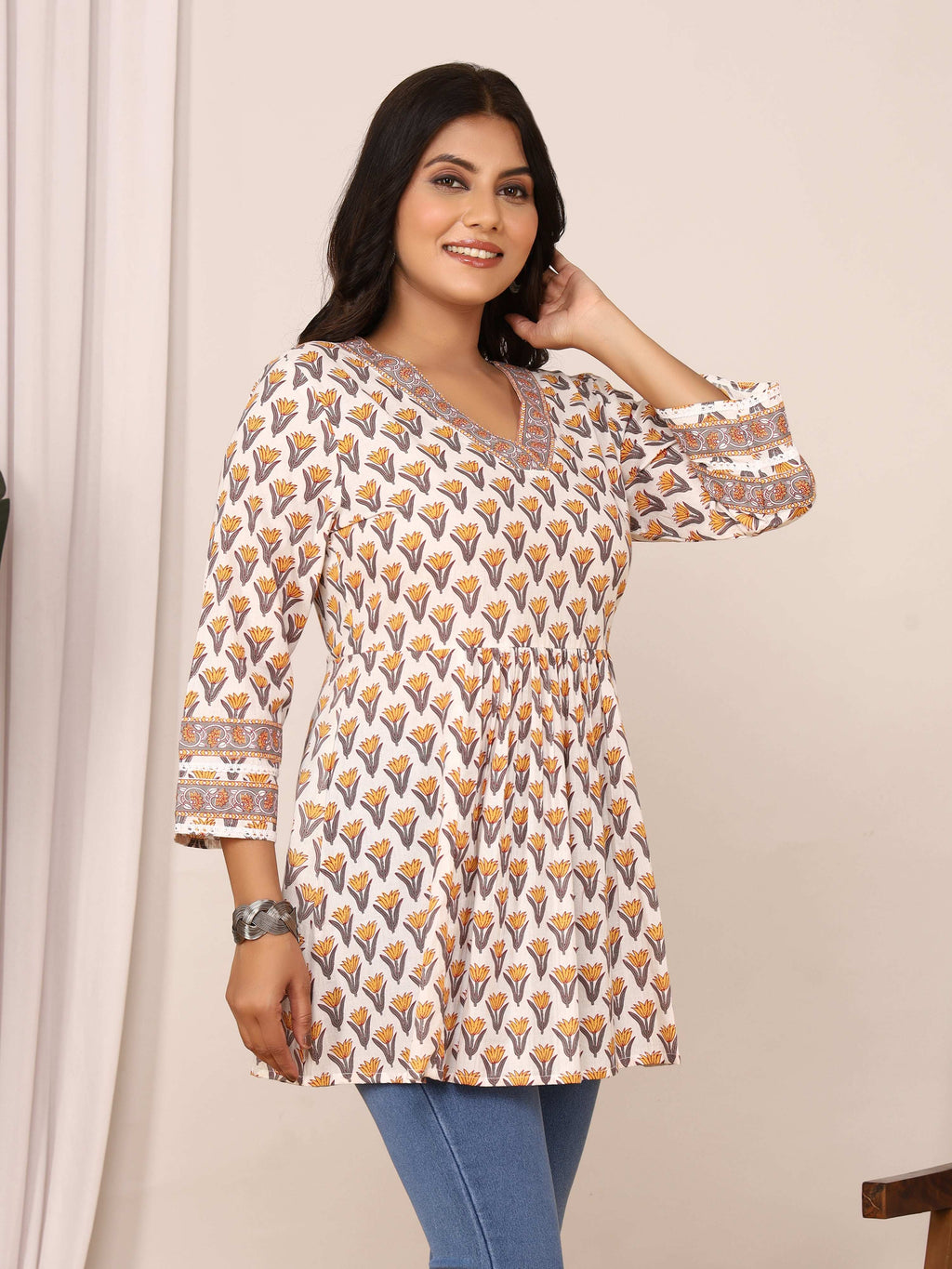 Sanganeri Ivory & Mustard Floral Cotton Top