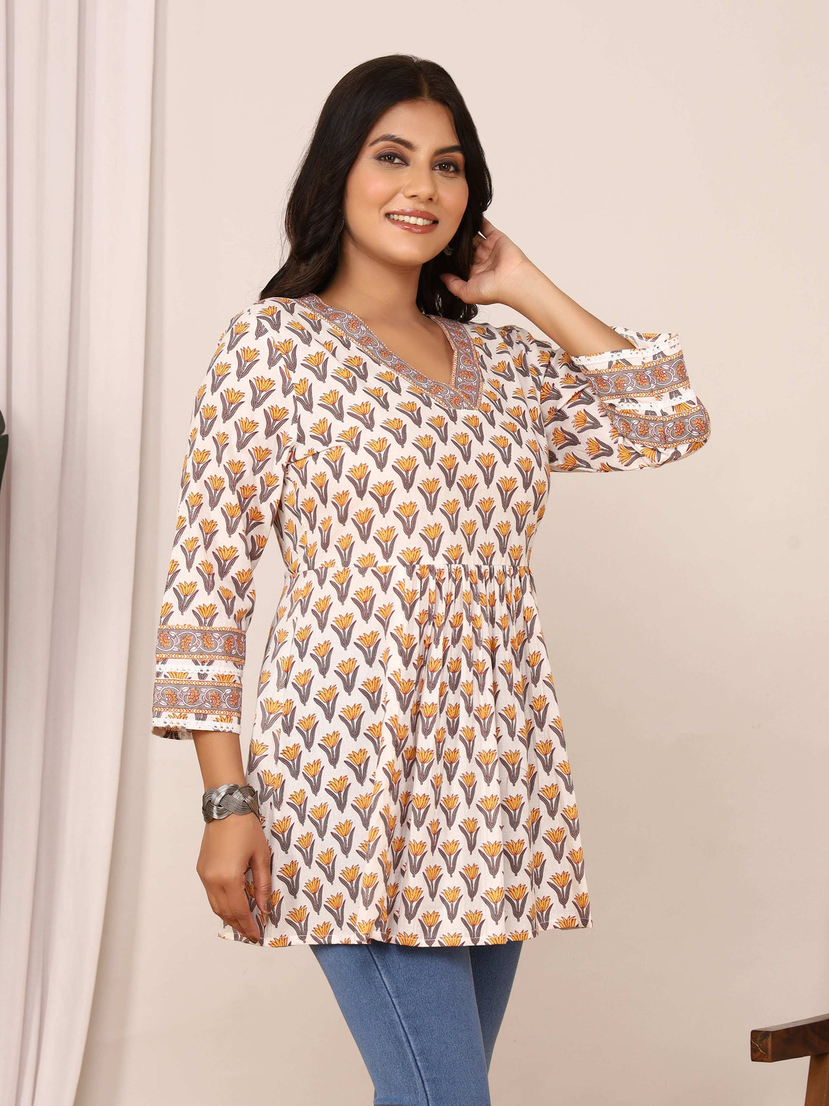 Sanganeri Ivory & Mustard Floral Cotton Top