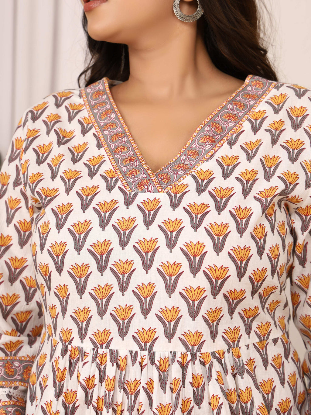 Sanganeri Ivory & Mustard Floral Cotton Top
