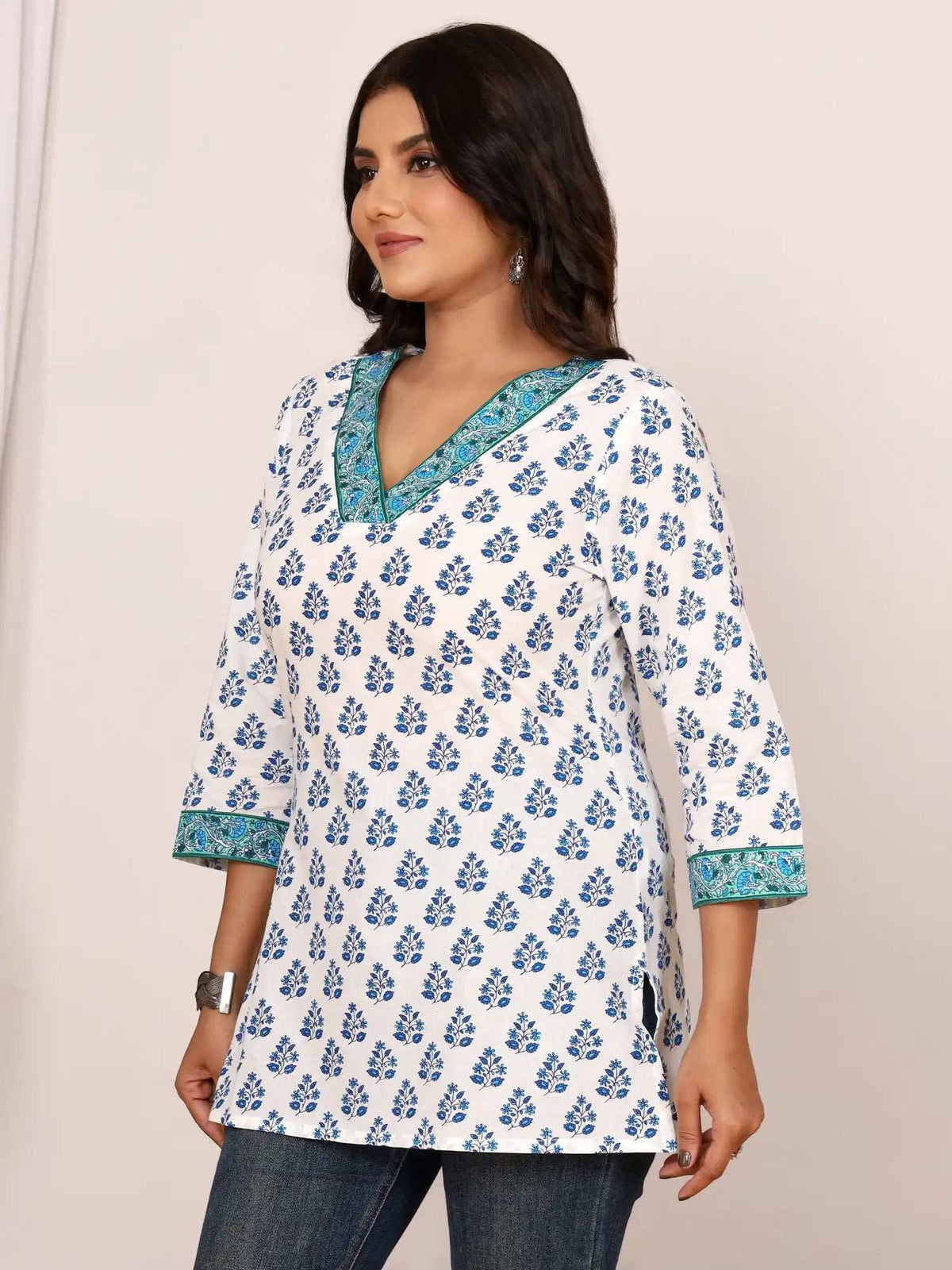 Sanganeri Blue Floral Buti Print Cotton Top