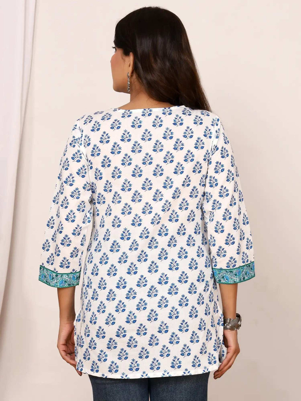 Sanganeri Blue Floral Buti Print Cotton Top