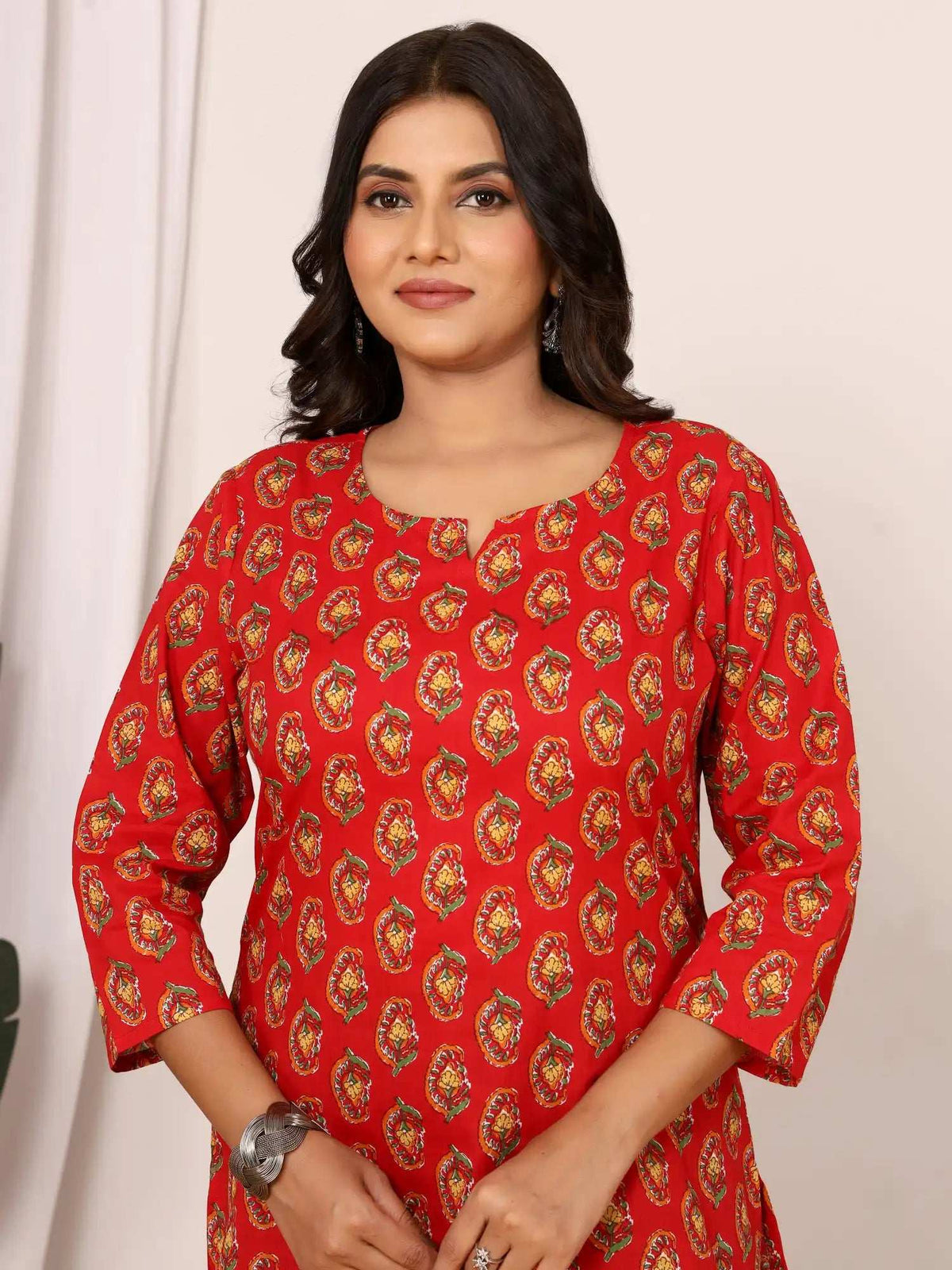 Sanganeri Red Floral Buti Print Cotton Top