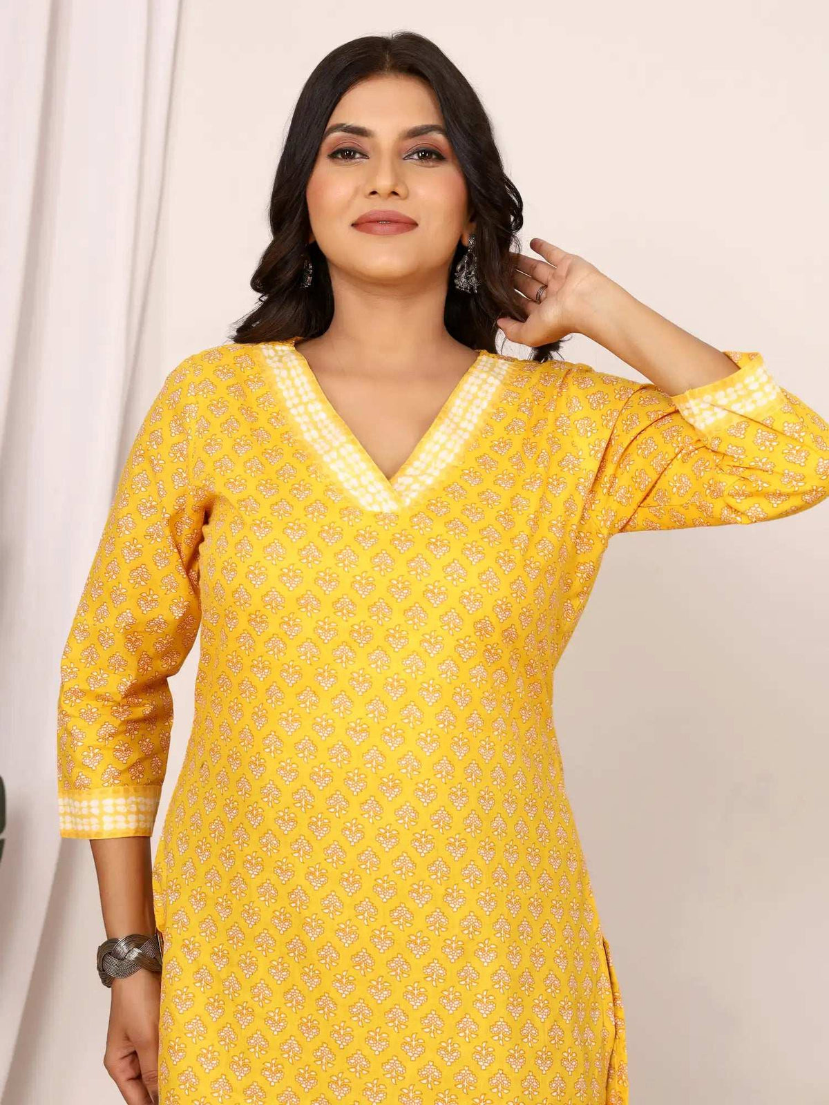 Sanganeri Yellow Flower Buti Print Cotton Top