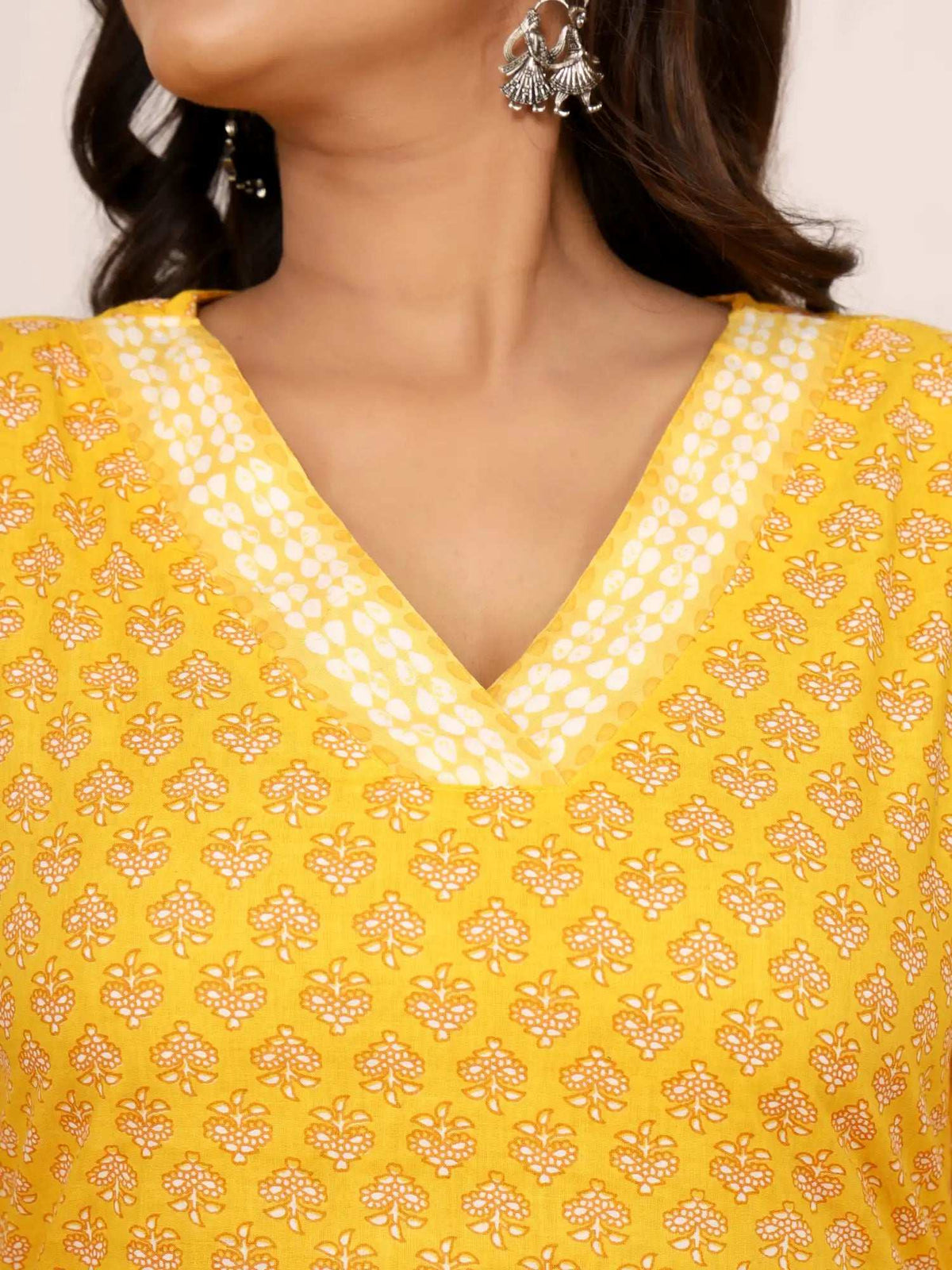 Sanganeri Yellow Flower Buti Print Cotton Top