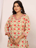 Sanganeri Beige & Red Floral Buti Print Cotton Top
