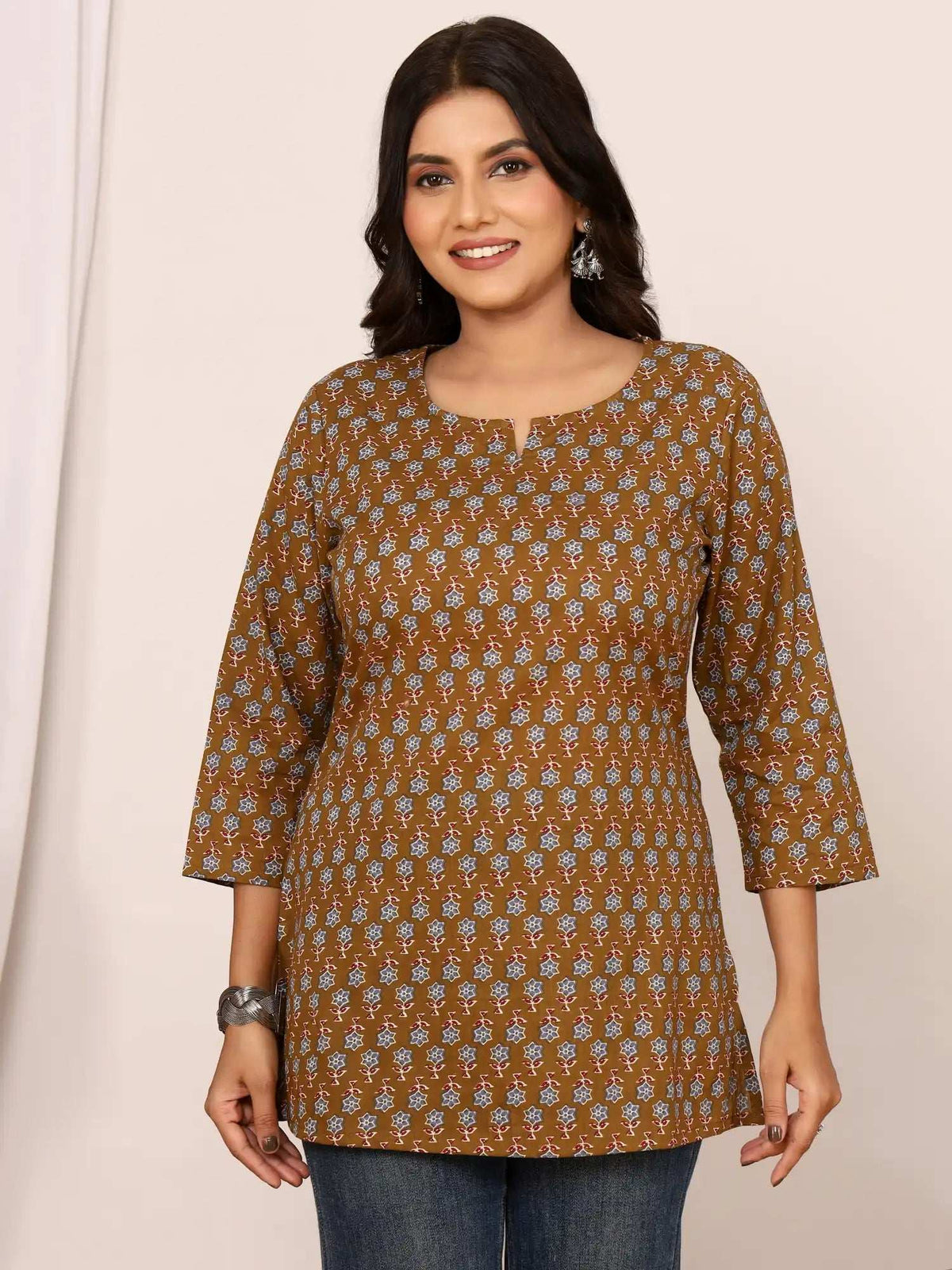 Sanganeri Olive Brown Floral Cotton Top