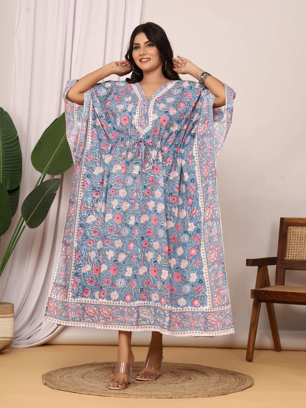 Sanganeri Print Blue & Pink Floral Cotton Kaftan