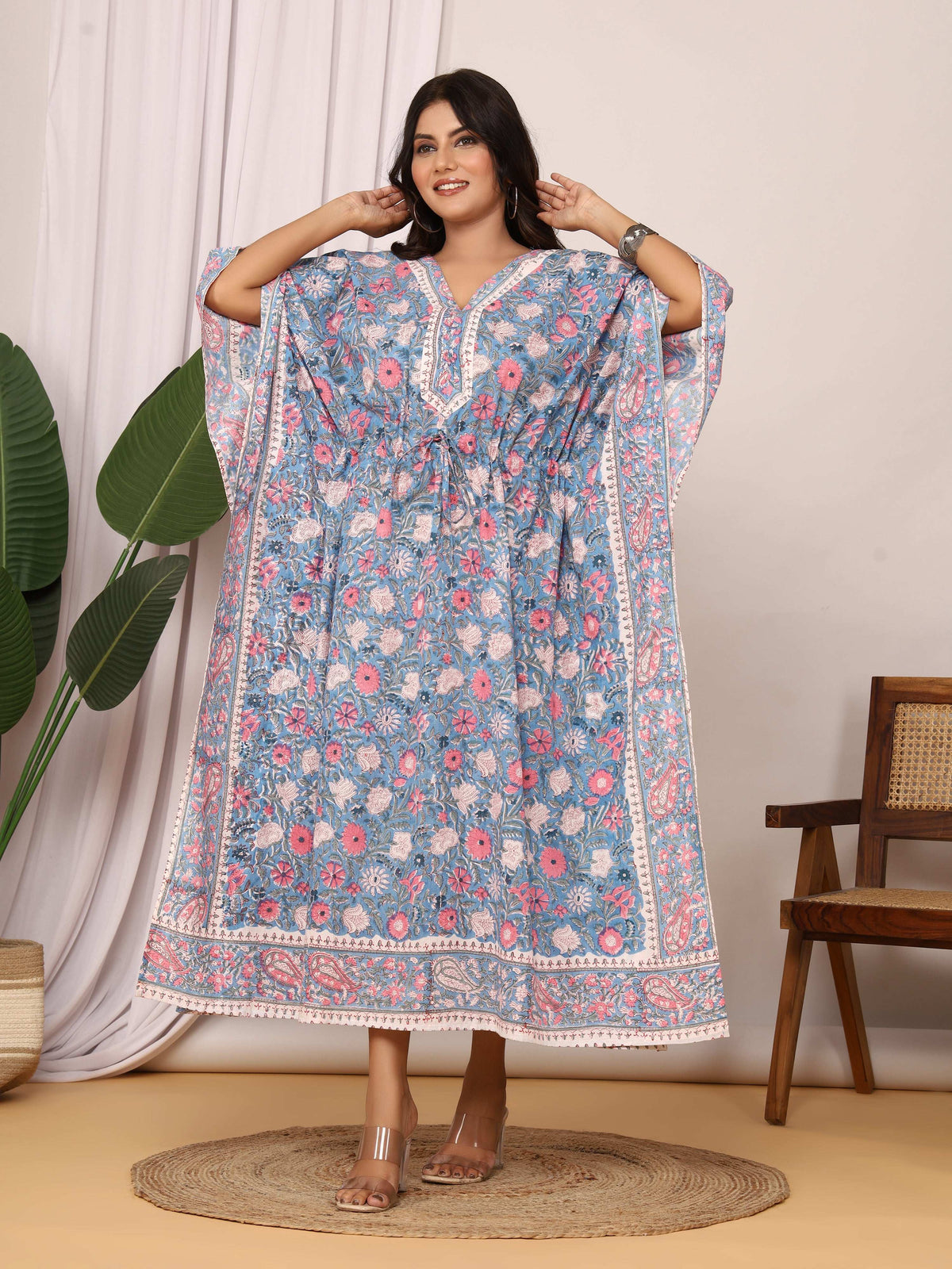 Sanganeri Print Blue & Pink Floral Cotton Kaftan