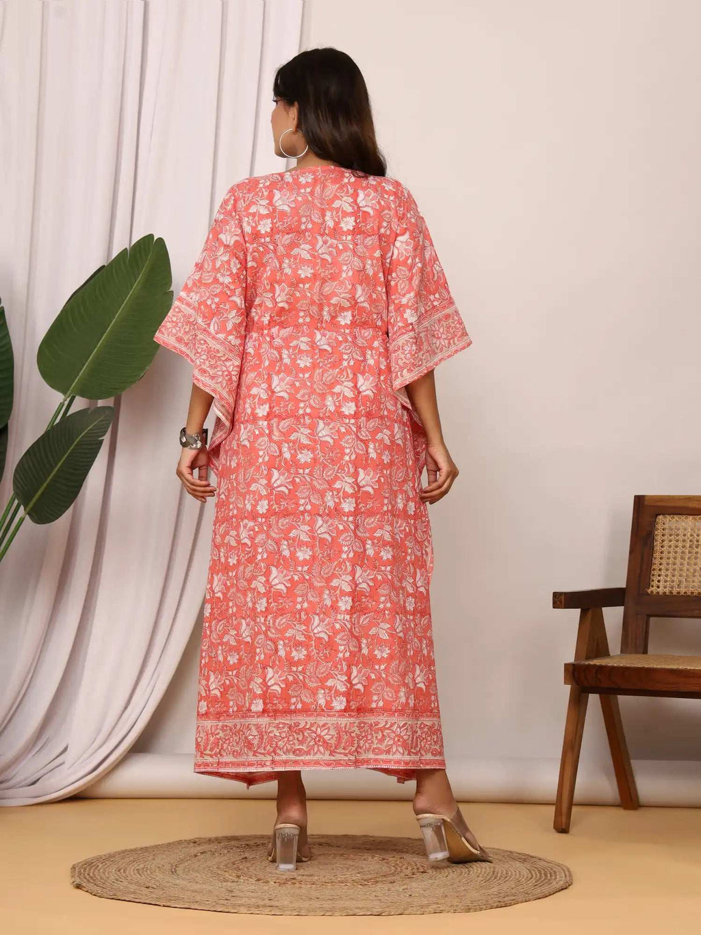 Sanganeri Floral Print Mustard Coral & White Cotton Kaftan