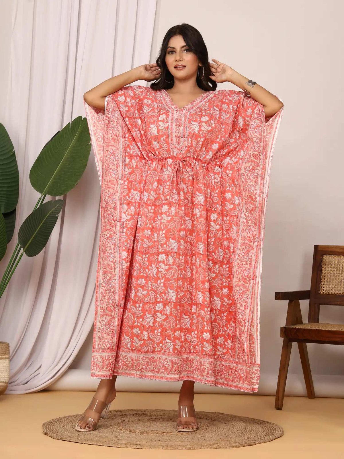 Sanganeri Floral Print Mustard Coral & White Cotton Kaftan