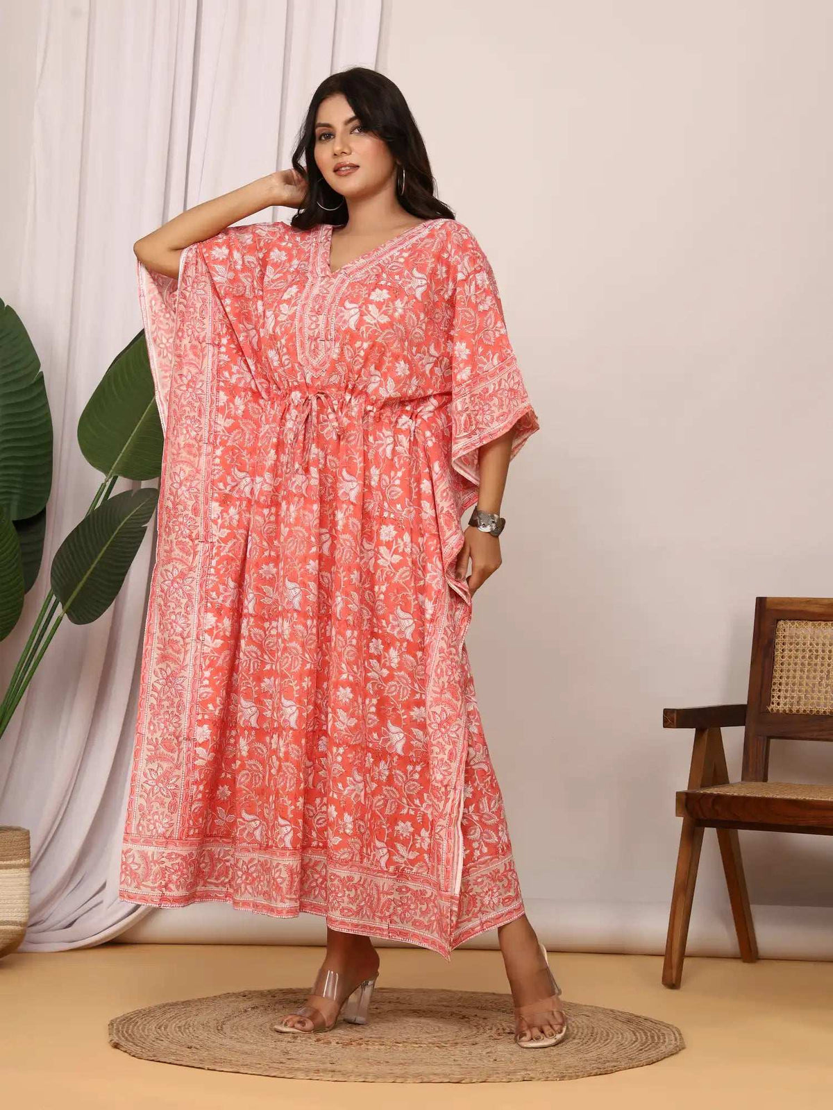 Sanganeri Floral Print Mustard Coral & White Cotton Kaftan