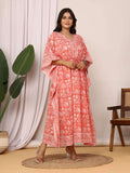 Sanganeri Floral Print Mustard Coral & White Cotton Kaftan