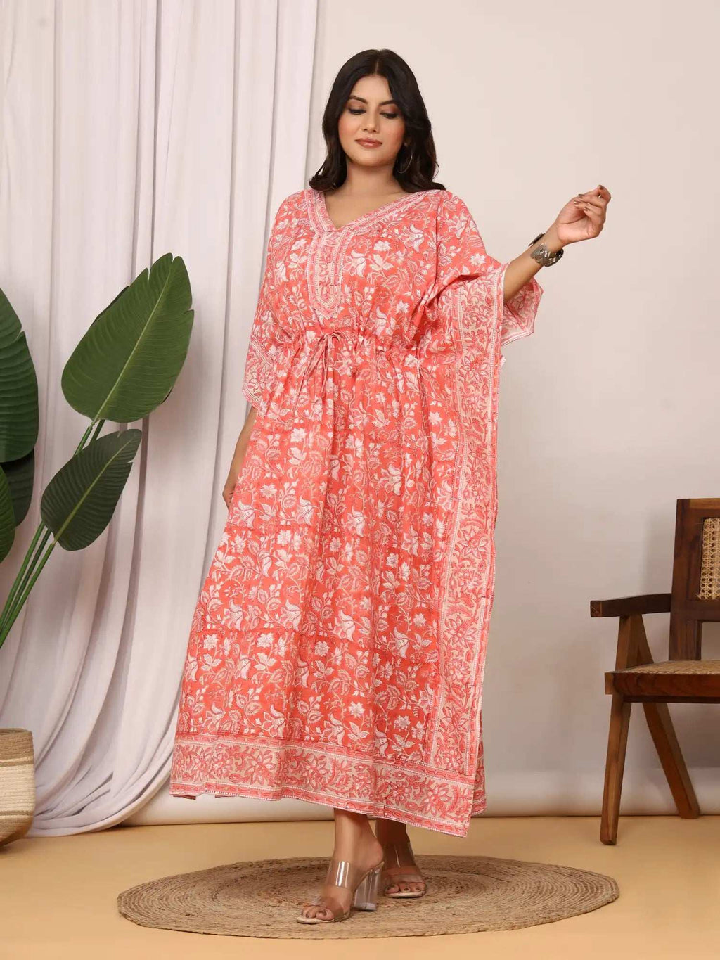 Sanganeri Floral Print Mustard Coral & White Cotton Kaftan