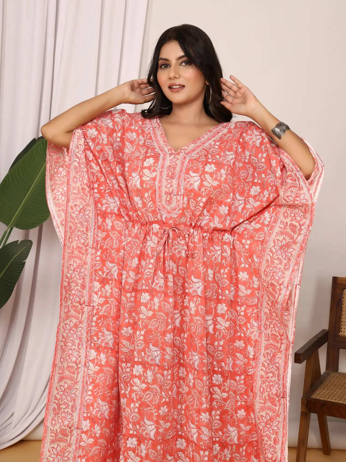 Sanganeri Floral Print Mustard Coral & White Cotton Kaftan