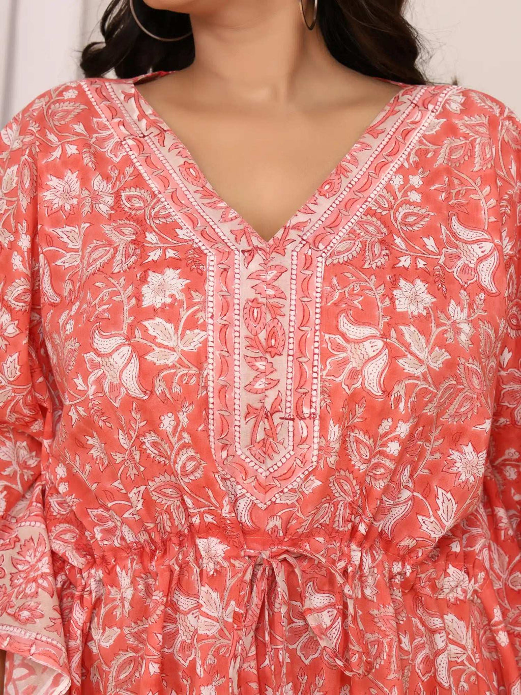 Sanganeri Floral Print Mustard Coral & White Cotton Kaftan