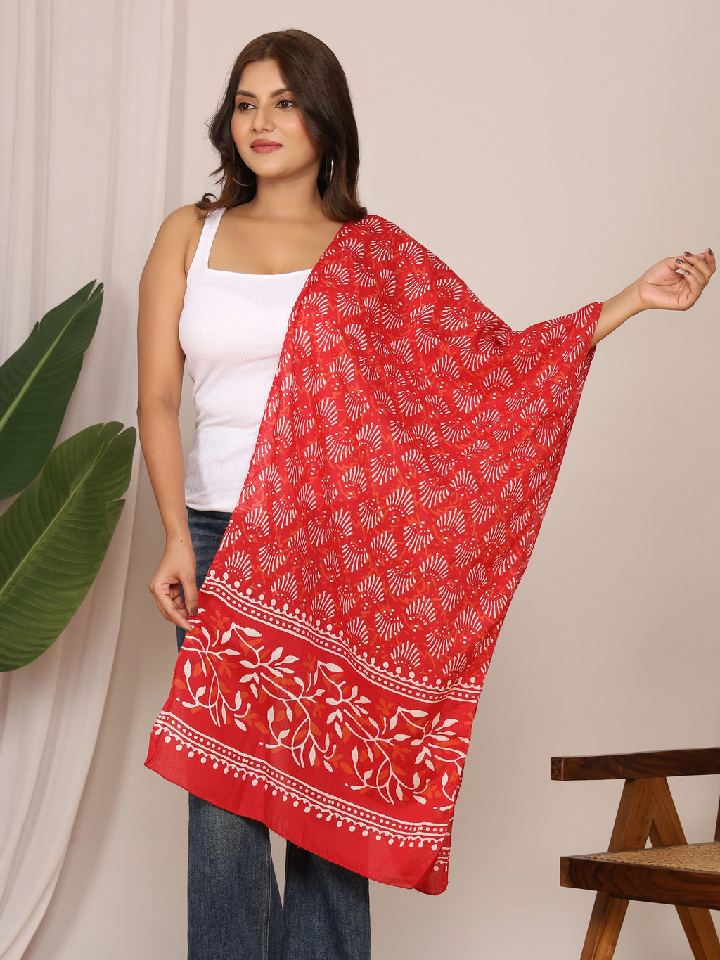 Women's Red Cotton Stole – White Floral & Tribal Shell Print