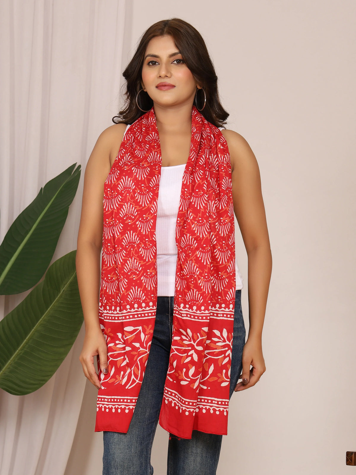 Women's Red Cotton Stole – White Floral & Tribal Shell Print
