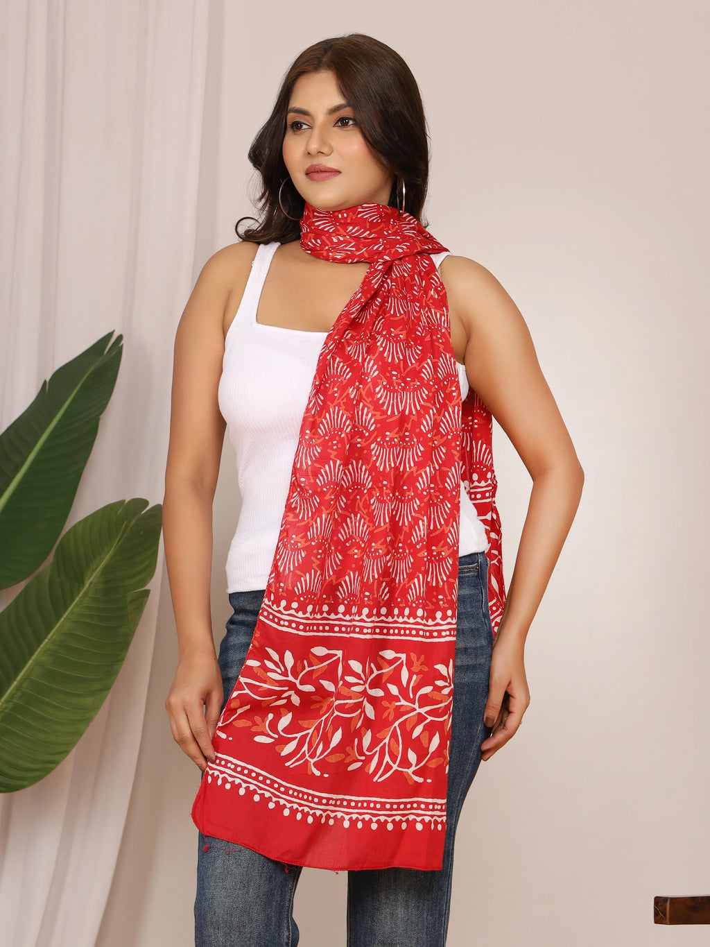 Women's Red Cotton Stole – White Floral & Tribal Shell Print