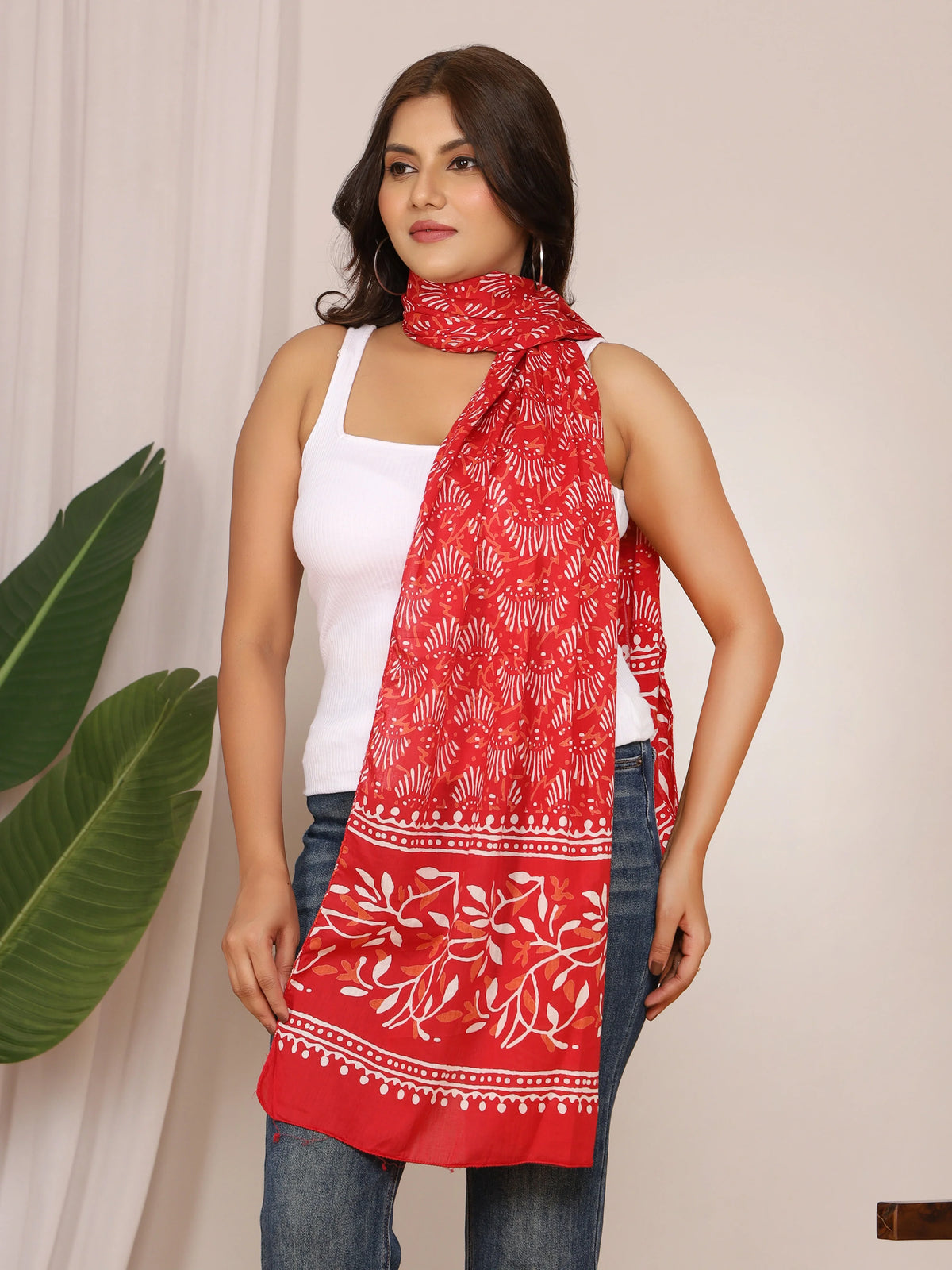 Women's Red Cotton Stole – White Floral & Tribal Shell Print