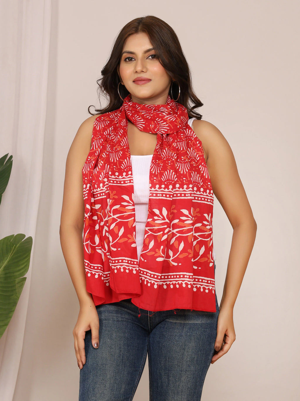 Women's Red Cotton Stole – White Floral & Tribal Shell Print