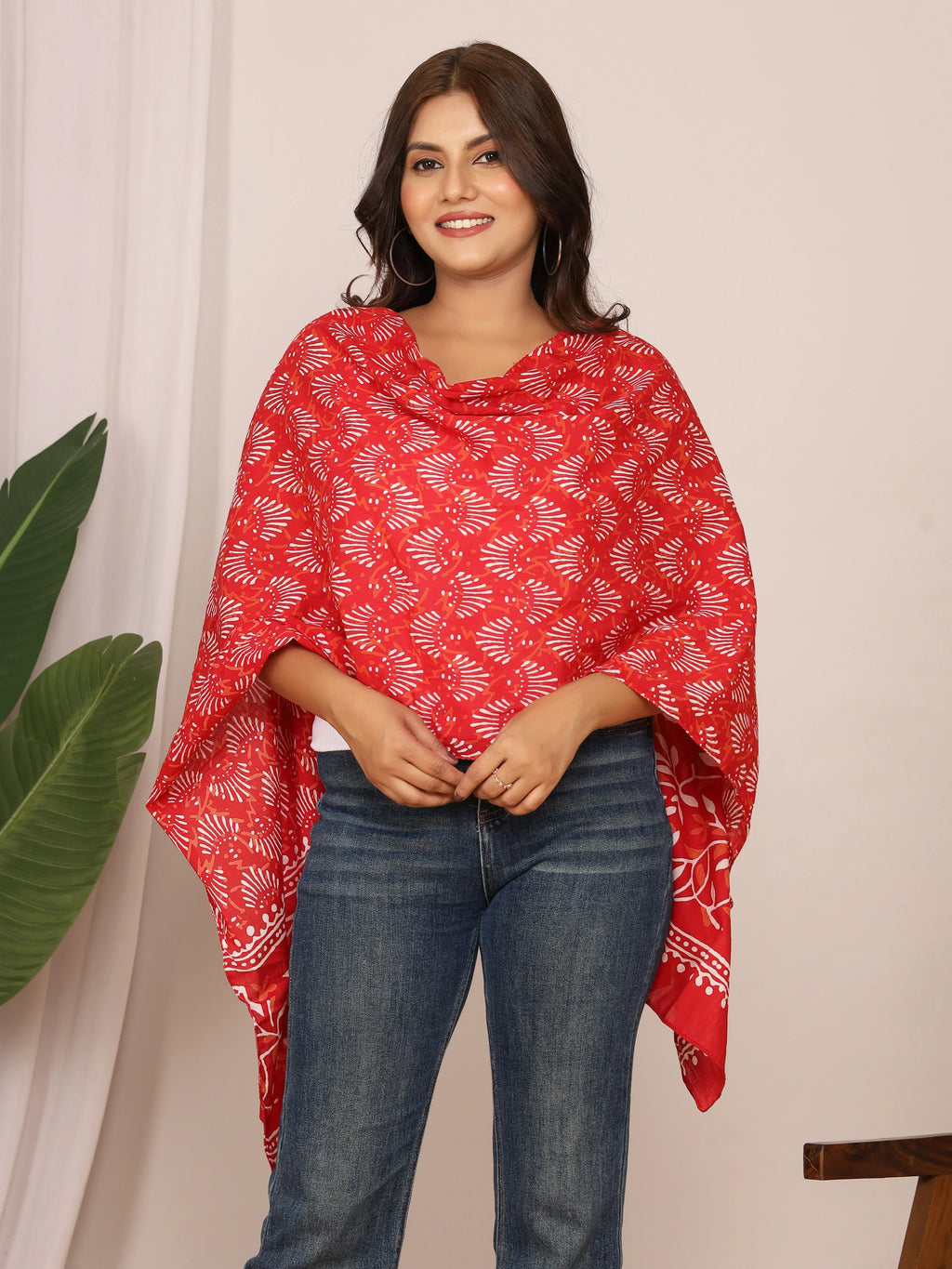 Women's Red Cotton Stole – White Floral & Tribal Shell Print