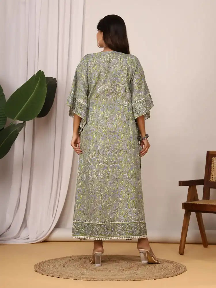 Sanganeri Floral Print Soft Grey & Green Cotton Kaftan
