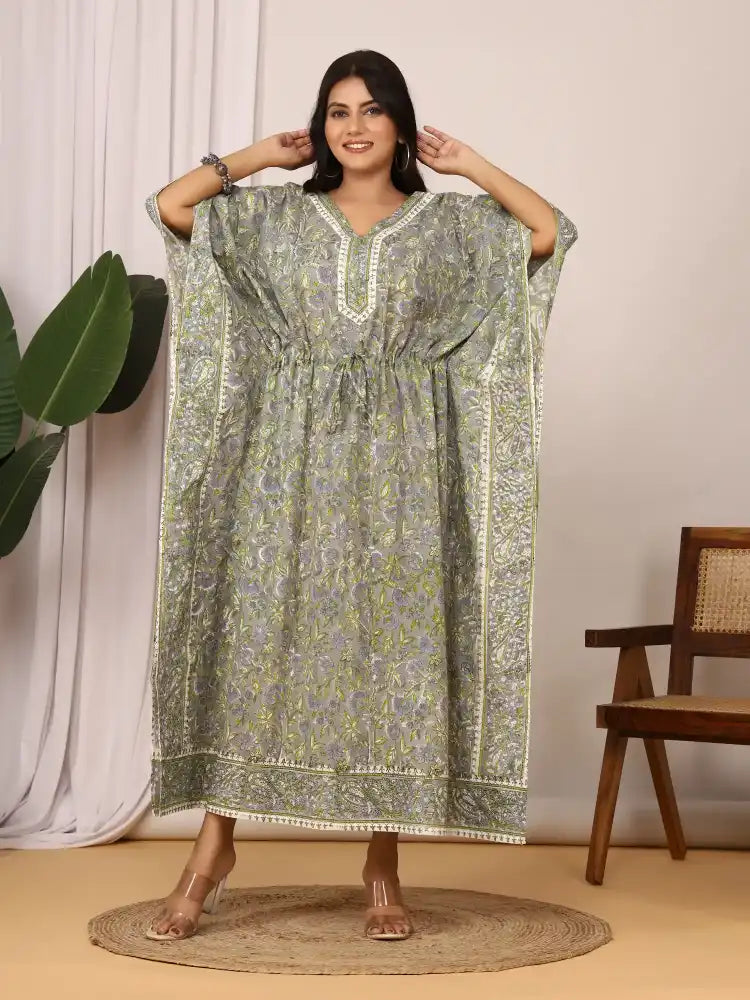 Sanganeri Floral Print Soft Grey & Green Cotton Kaftan