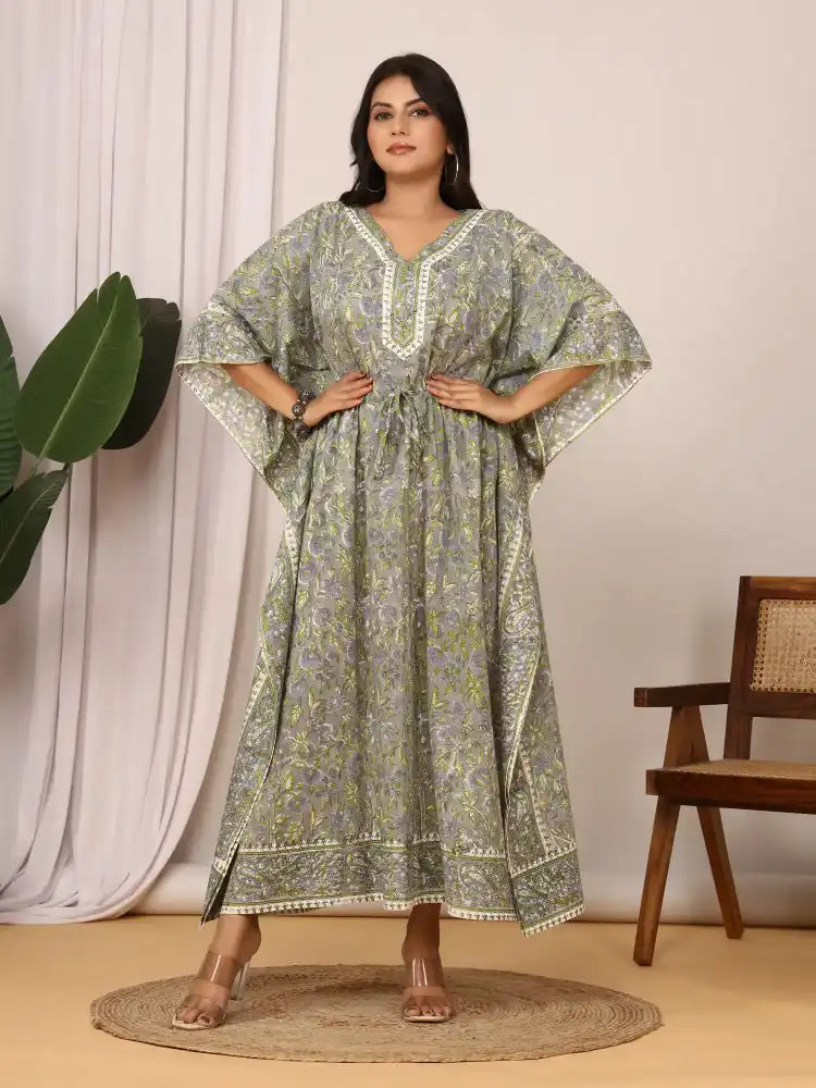 Sanganeri Floral Print Soft Grey & Green Cotton Kaftan