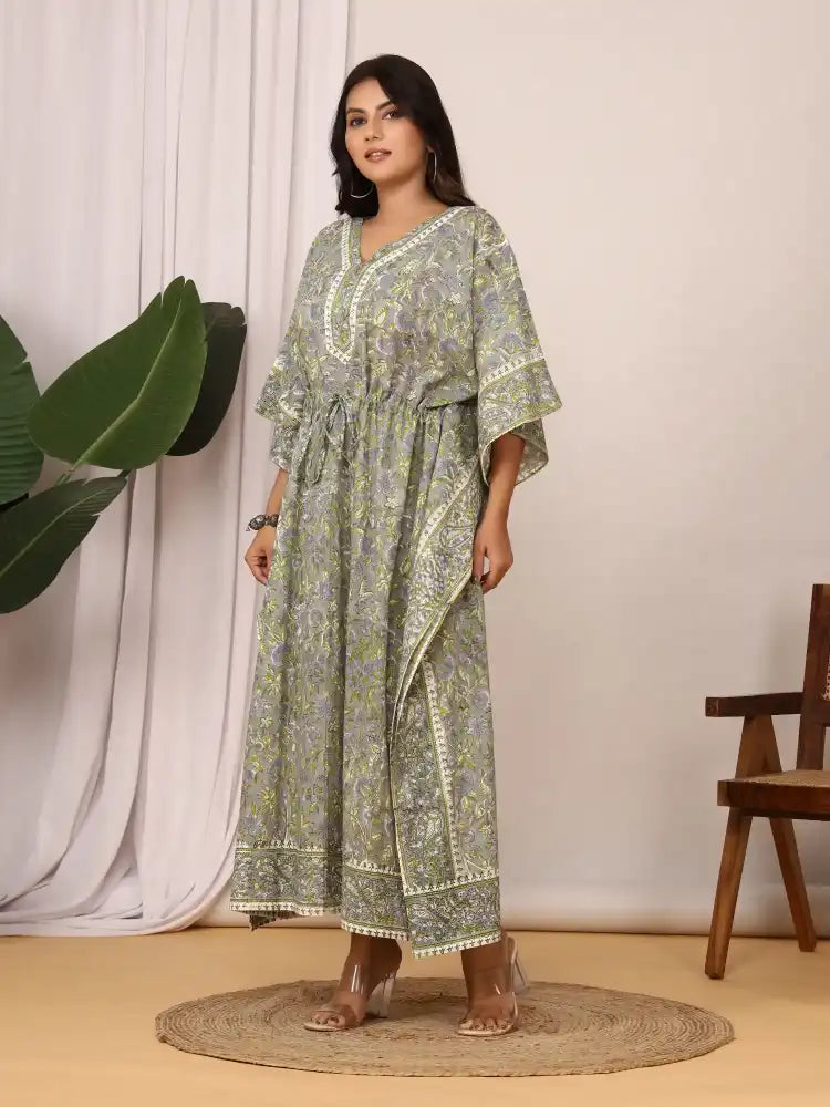 Sanganeri Floral Print Soft Grey & Green Cotton Kaftan
