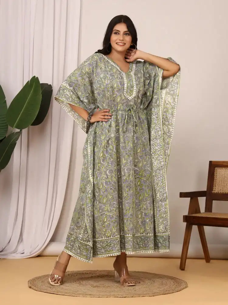Sanganeri Floral Print Soft Grey & Green Cotton Kaftan