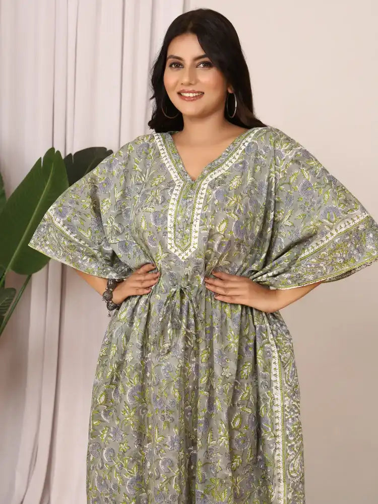 Sanganeri Floral Print Soft Grey & Green Cotton Kaftan