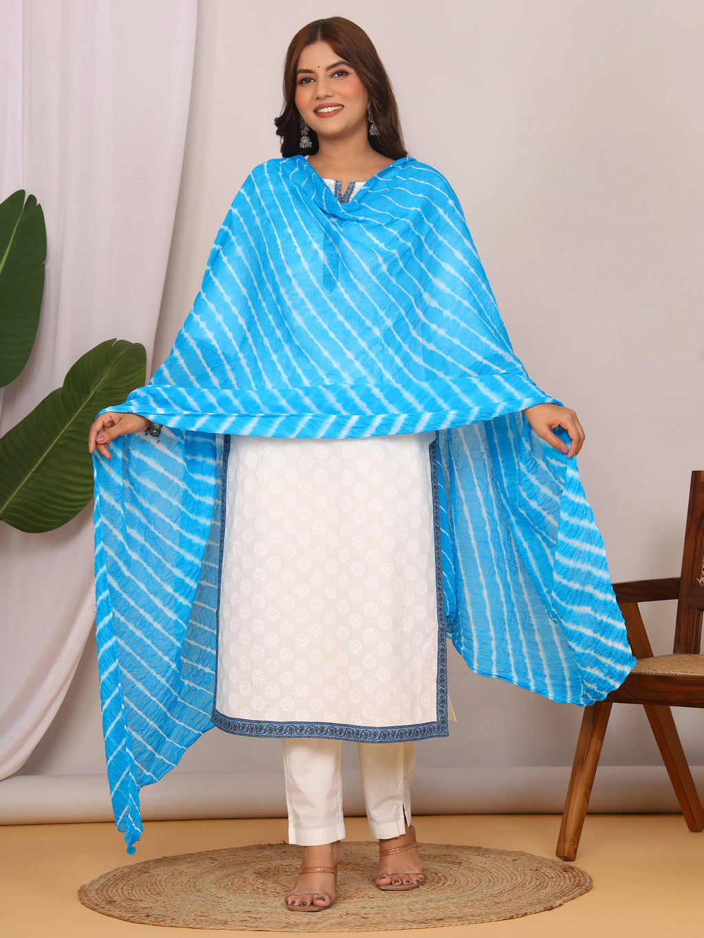 Sky Blue Nazmin Chiffon Hand Tied Leheriya Dupatta (2.5 Meter)