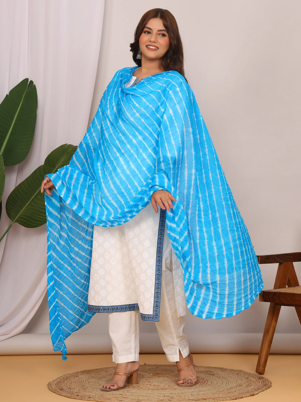 Sky Blue Nazmin Chiffon Hand Tied Leheriya Dupatta (2.5 Meter)