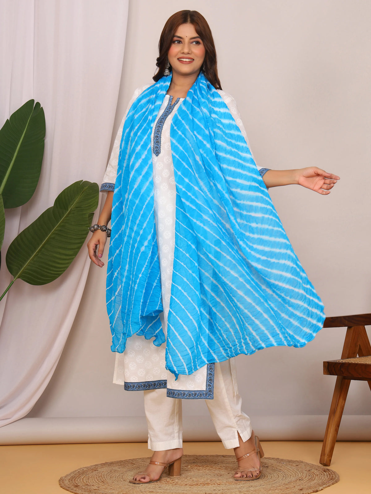 Sky Blue Nazmin Chiffon Hand Tied Leheriya Dupatta (2.5 Meter)